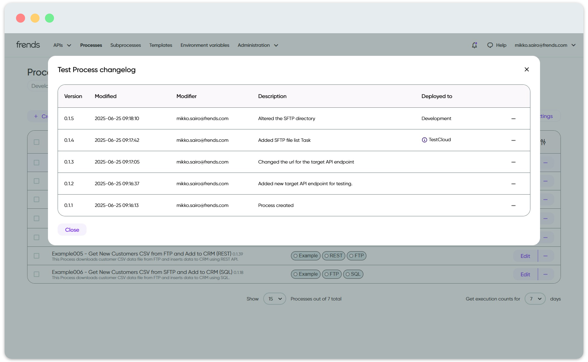 Image showing version history for a Process in Frends.