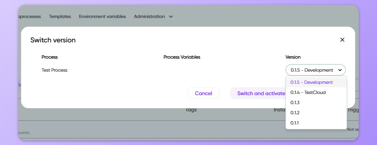 Image showing the Switch version functionality for a Process.