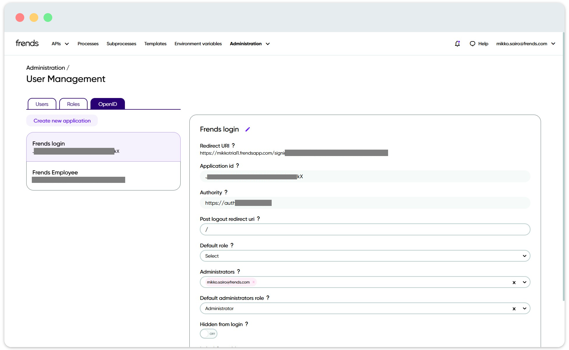 Standard authentication providers in Frends Tenant being shown.