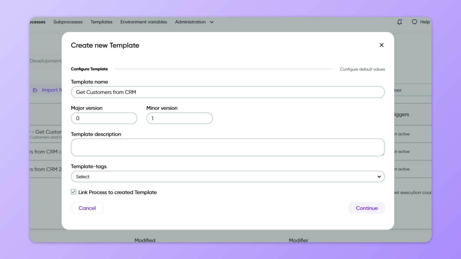 Showing template creation parameters that are available.